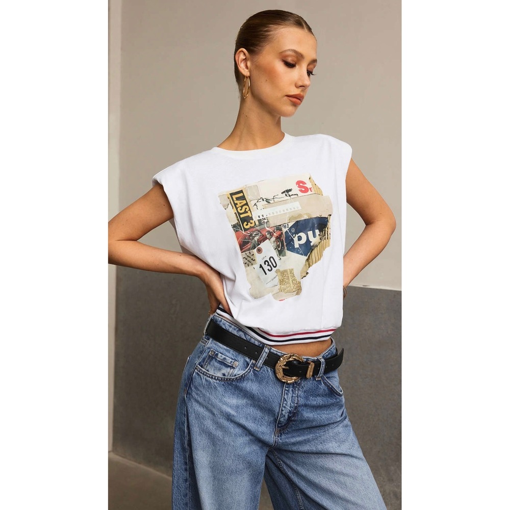 Micas XL Car Letter Digital Pattern Print Loose Sleeveless T-Shirt White Graphic